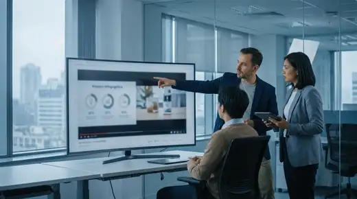 Deux professionnels B2B face à un écran affichant une vidéo de présentation produit dans un bureau moderne aux tons bleus