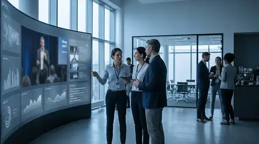 Scène de bureau moderne avec écrans et équipe en discussion, lumière froide cinématique, ambiance agence B2B