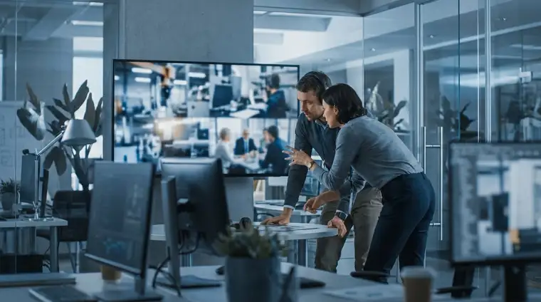 Deux professionnels en open space passant en revue des plans vidéo sur un grand écran, ambiance cinématique aux tons bleus