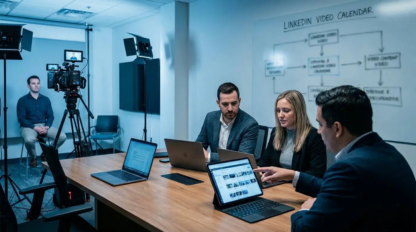 Équipe B2B en réunion face à un écran affichant un calendrier éditorial vidéo LinkedIn, lumière bleue cinématique