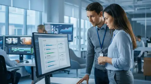 Deux professionnels en open space analysant un planning de programme vidéo B2B sur grand écran, lumière cinématique bleue