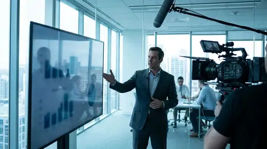 Dirigeant s'exprimant face caméra dans un bureau moderne, lumière bleue cinématographique, contexte B2B professionnel