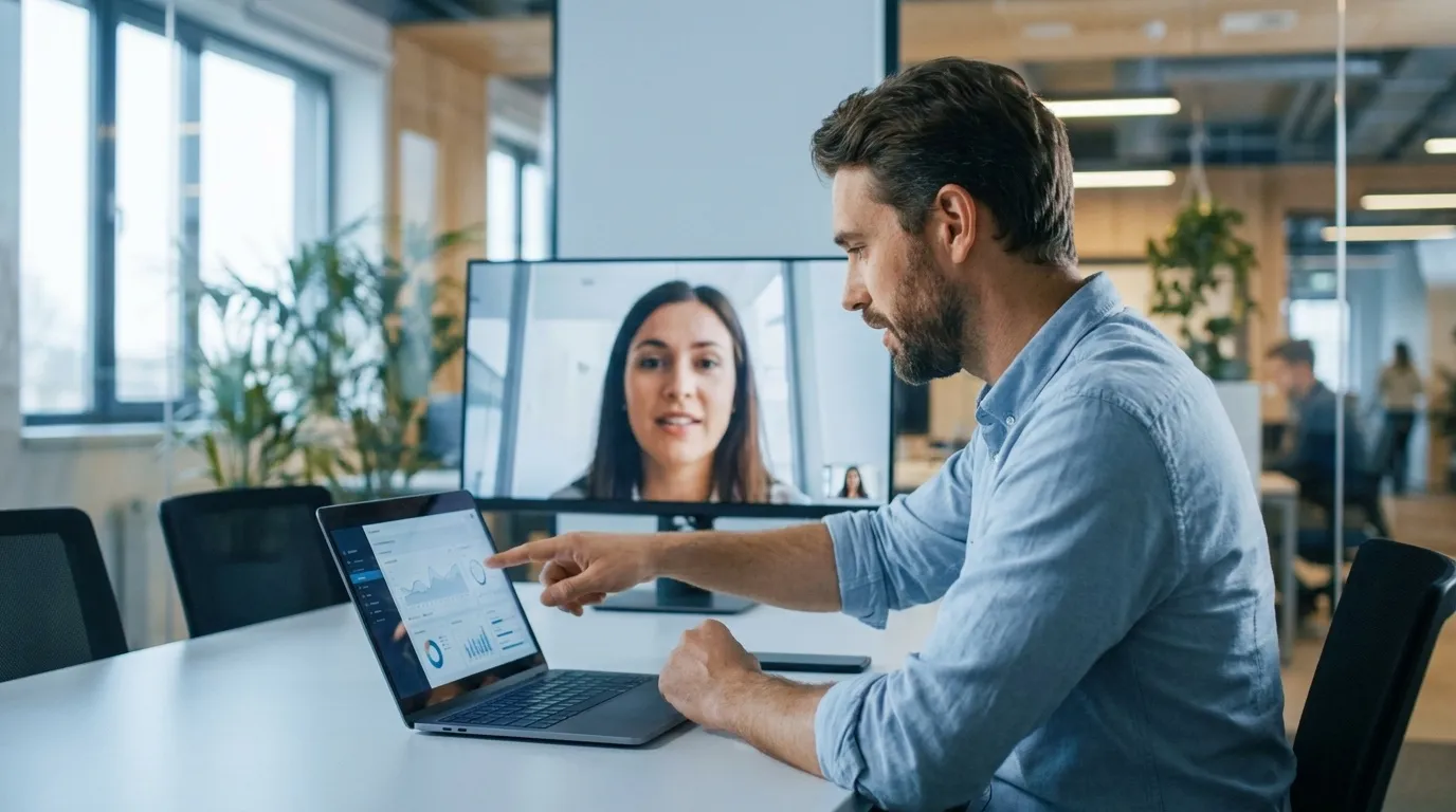 Un ingénieur commercial partage une démo logicielle en visioconférence avec un client.