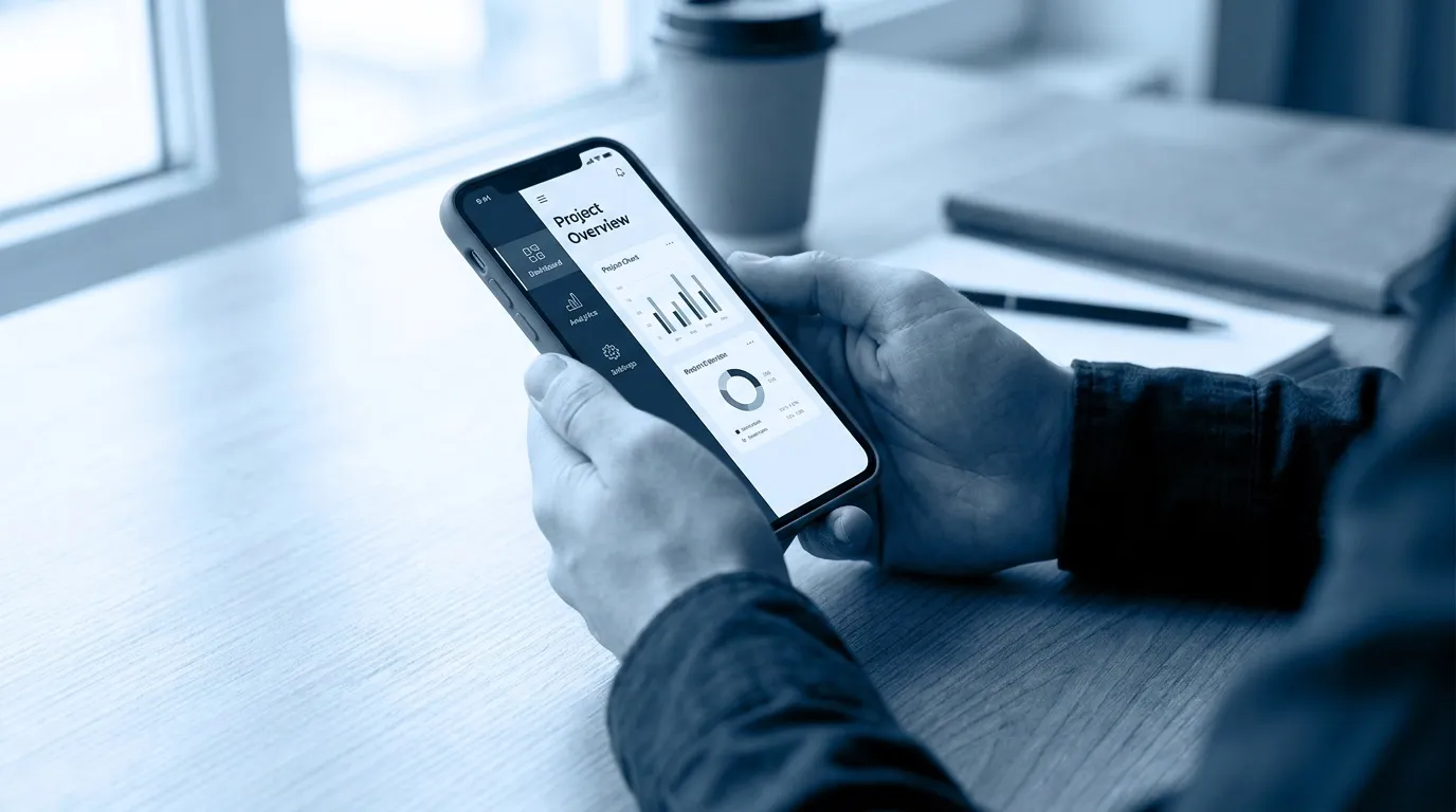 Une main tient un smartphone montrant l’interface d’une application mobile pendant une démo.