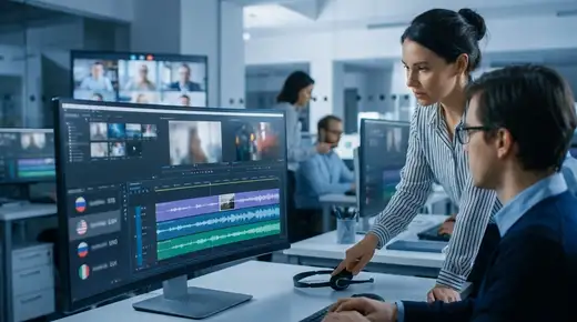 Deux professionnels devant des écrans affichant des interfaces de traitement audio multilingue, lumière bleue cinématographique