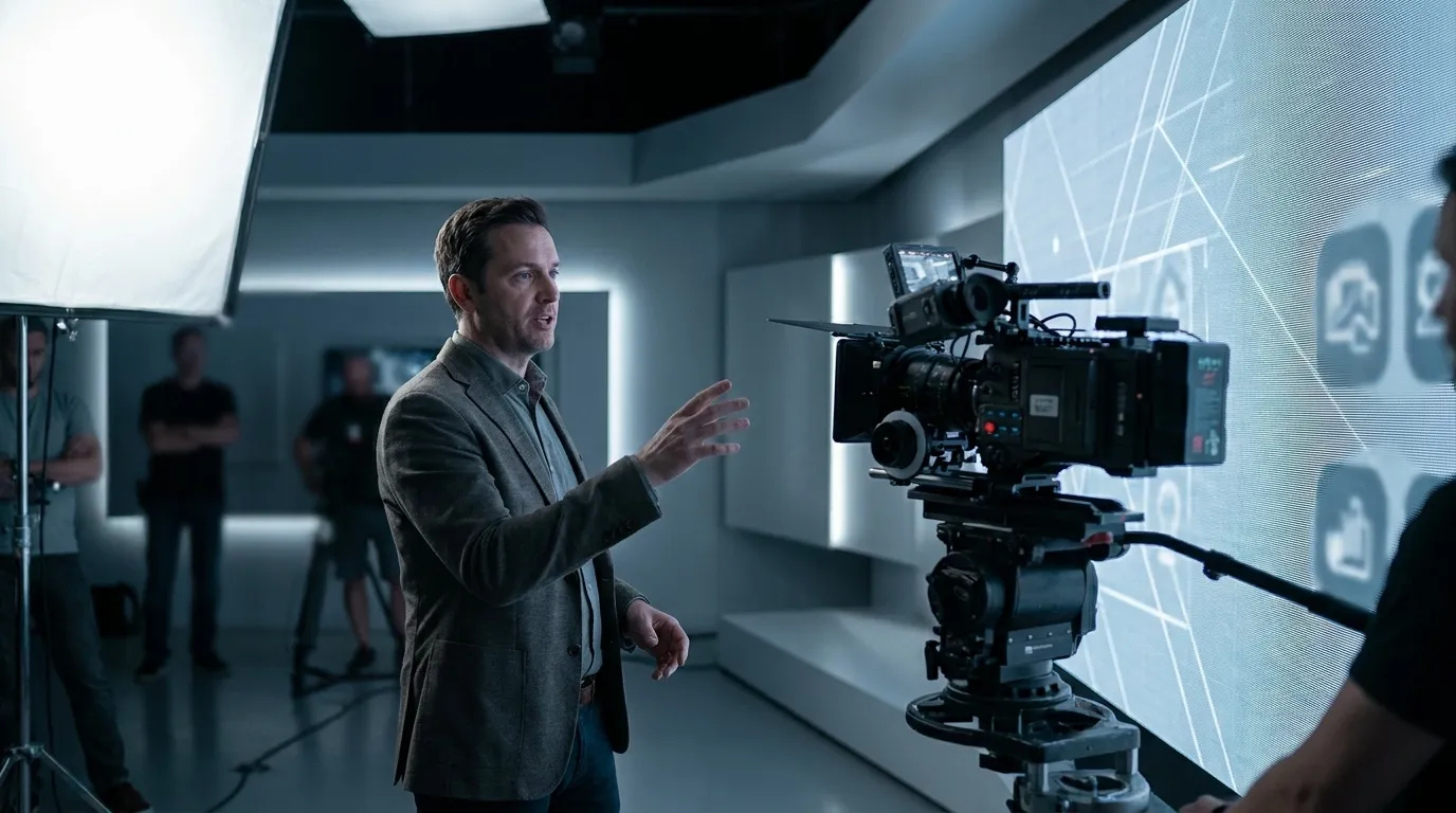 Un présentateur est filmé en studio devant un mur LED graphique pour une vidéo explicative.