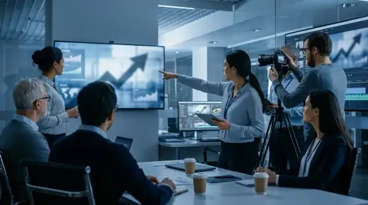 Équipe B2B en salle de réunion devant des écrans affichant des données marketing, ambiance cinématique bleu