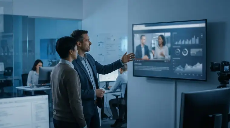 Deux professionnels dans un bureau moderne devant des écrans, ambiance cinématique bleu froid, contexte B2B