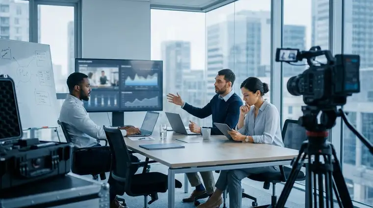 Deux collaborateurs analysent des données de production vidéo sur un écran dans un bureau moderne, ambiance cinématographique bleu