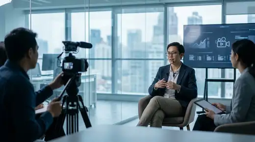 Un cadre en entretien face caméra dans un bureau moderne, éclairage cinématique bleu froid, contexte vidéo B2B professionnel