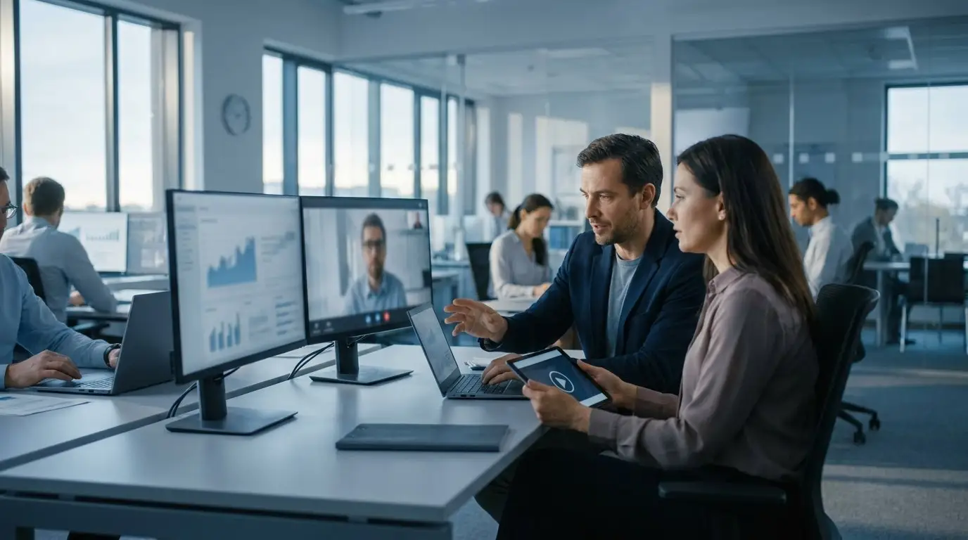 Professionnel en bureau moderne regardant un écran affichant une vidéo de relance, ambiance cinématique bleu nuit