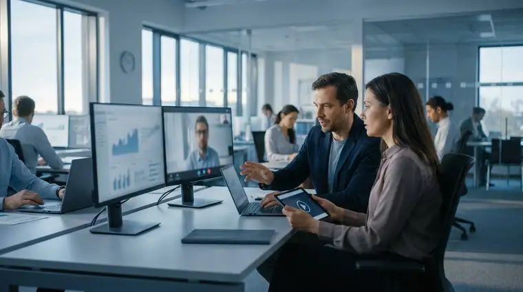 Professionnel en bureau moderne regardant un écran affichant une vidéo de relance, ambiance cinématique bleu nuit