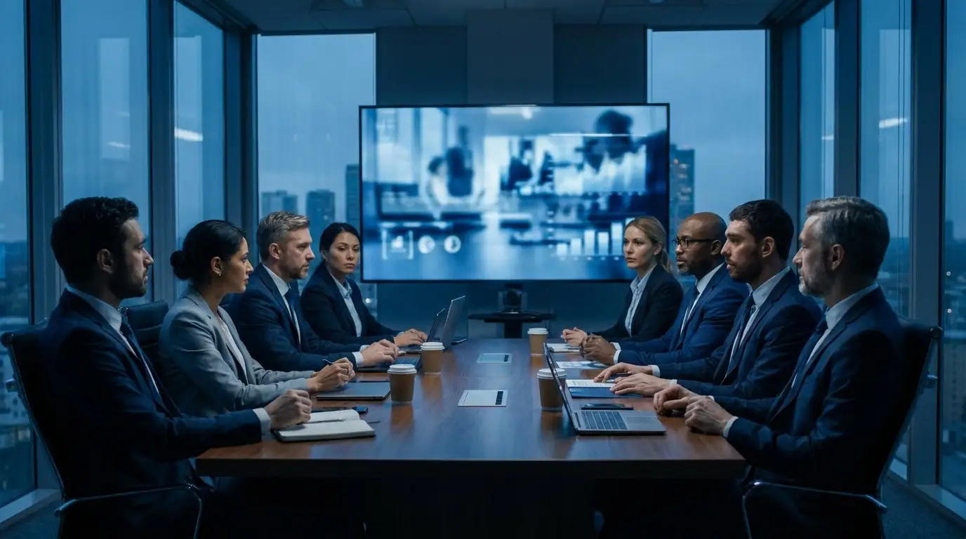 Plusieurs décideurs B2B réunis autour d'une table de conférence regardent une présentation vidéo sur grand écran