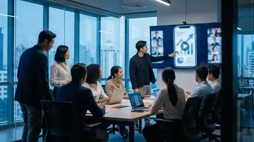 Professionnel dans un bureau moderne regardant un écran affichant un contenu vidéo LinkedIn, ambiance cinématique bleutée