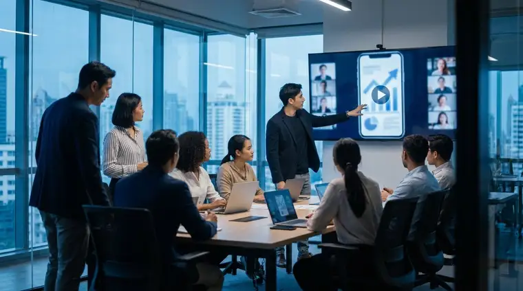 Professionnel dans un bureau moderne regardant un écran affichant un contenu vidéo LinkedIn, ambiance cinématique bleutée