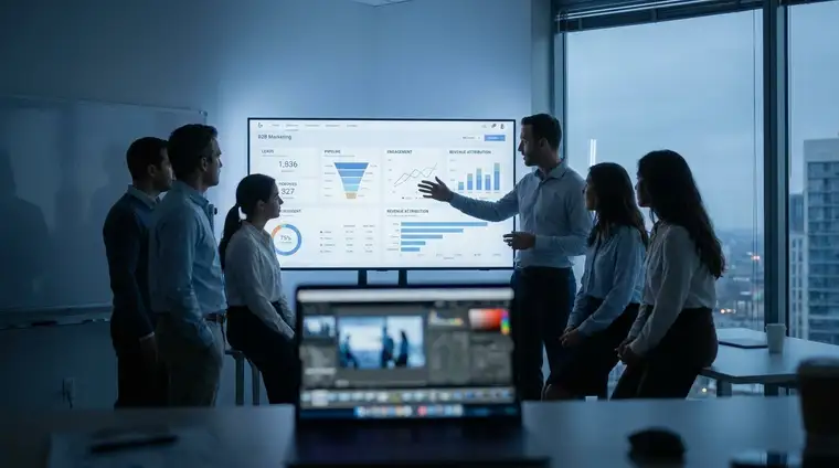 deux professionnels analysant des données marketing sur un écran dans un bureau moderne, ambiance cinématique bleutée