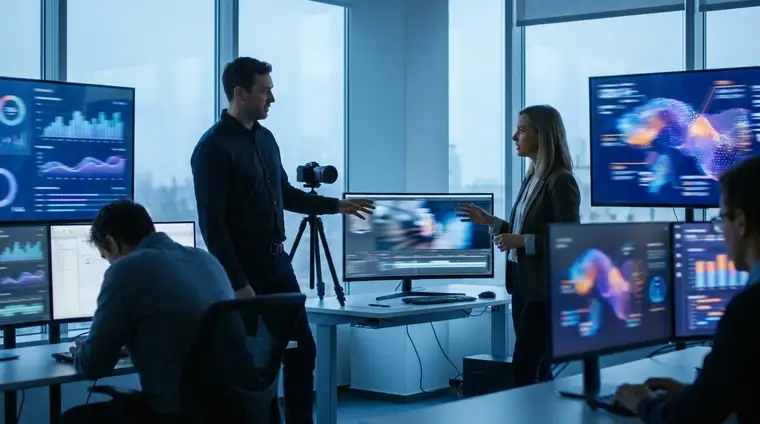 Professionnel B2B devant un grand écran affichant des visualisations de données animées dans un bureau moderne, ambiance cinématique bleue