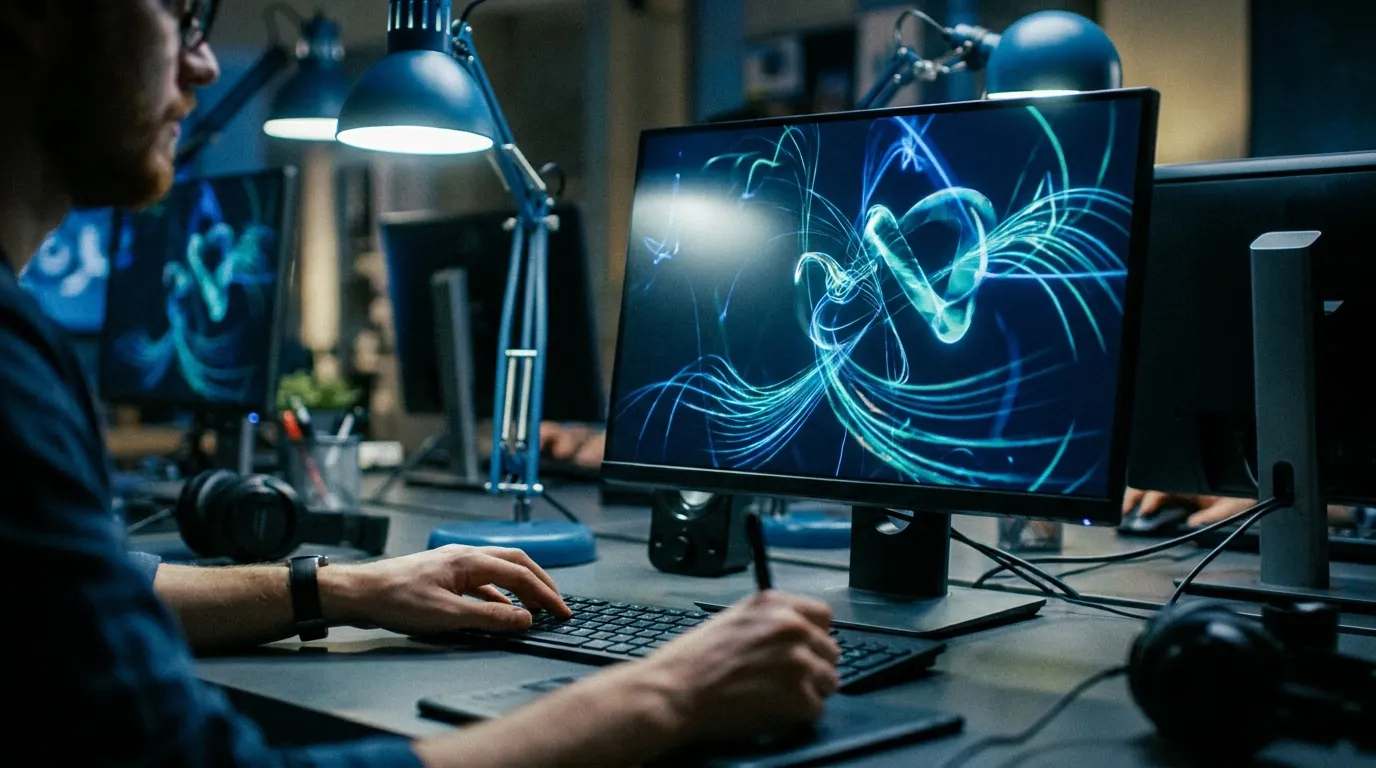 Un designer anime des graphismes fluides en cyan sur un écran, dans un studio sombre.