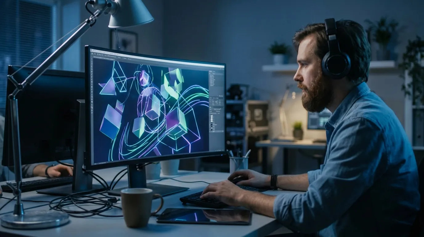 Un motion designer travaille des graphismes animés en 3D sur un écran incurvé, dans un studio créatif.