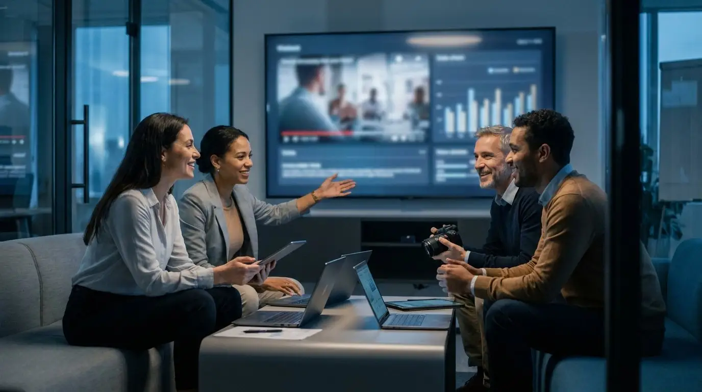 Scène de bureau moderne avec écrans affichant des données marketing B2B, ambiance cinématique bleue froide