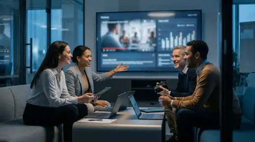 Scène de bureau moderne avec écrans affichant des données marketing B2B, ambiance cinématique bleue froide
