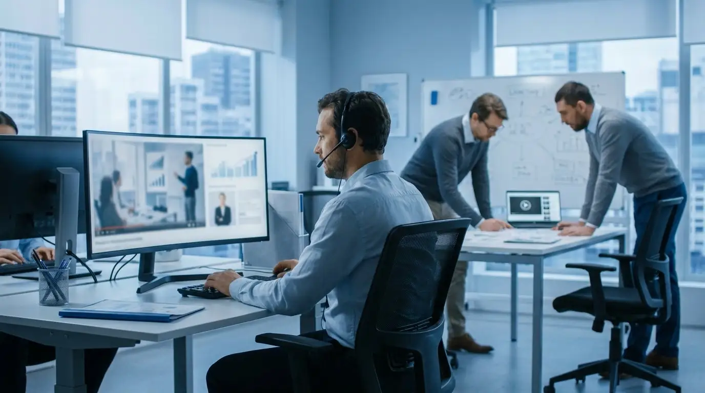 Commercial B2B regardant une vidéo de démonstration produit sur grand écran dans un open-space moderne aux tons bleutés