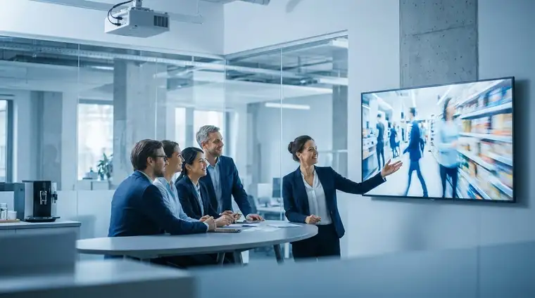 Équipe en open space autour d'un grand écran diffusant une présentation vidéo, lumière cinématographique bleue froide