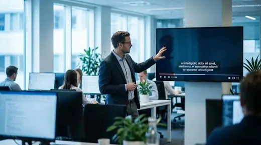 Professionnel regardant un écran avec des sous-titres vidéo dans un bureau moderne aux tons bleus