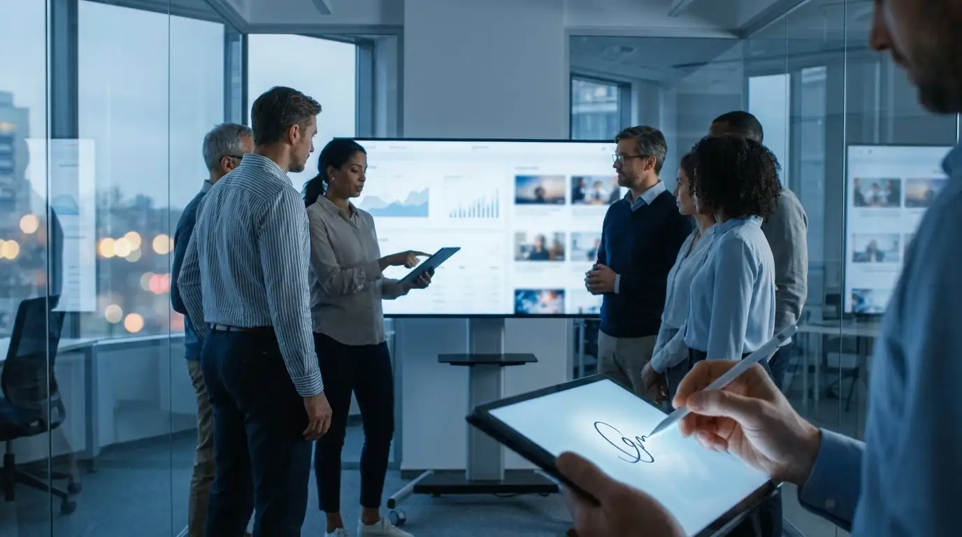 Professionnel en bureau moderne devant plusieurs écrans affichant des dashboards analytiques, éclairage cinématique bleu froid