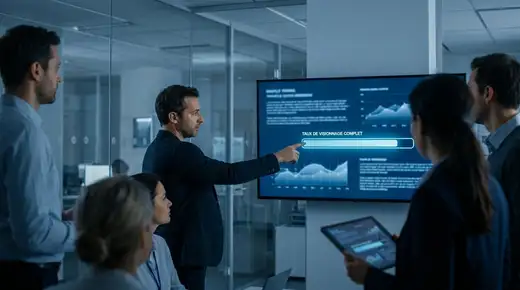Professionnel B2B regardant des données de performance vidéo sur un écran dans un bureau moderne avec éclairage bleu cinématique
