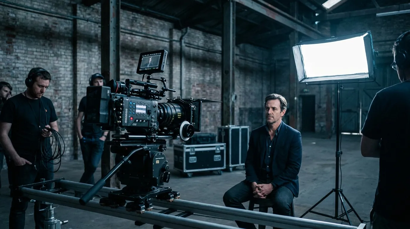 Tournage de témoignage : équipe et caméra cinéma filment un client assis dans un lieu industriel.