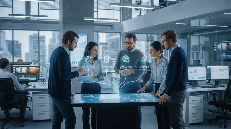Salle de réunion moderne avec écrans affichant des dashboards marketing vidéo, ambiance cinématique bleue