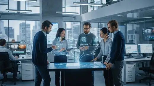 Salle de réunion moderne avec écrans affichant des dashboards marketing vidéo, ambiance cinématique bleue
