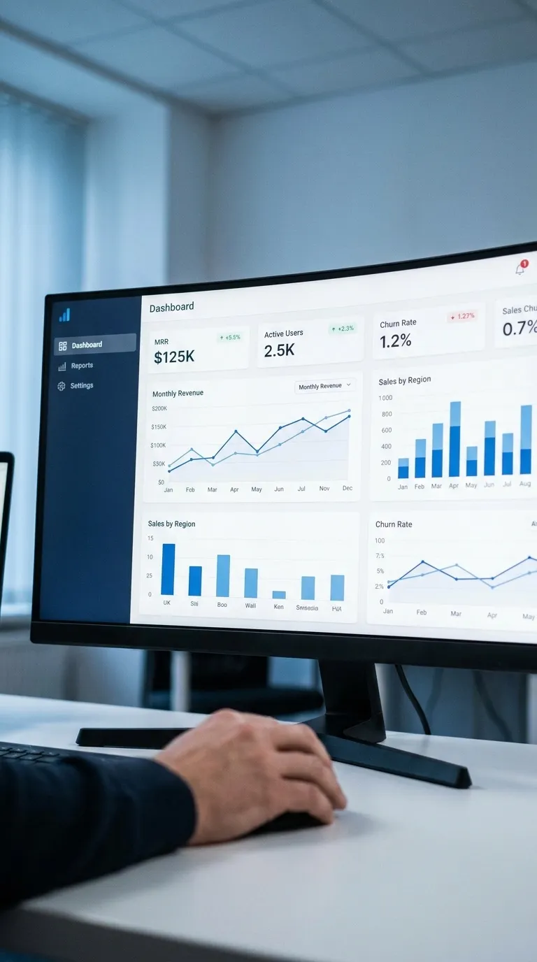 Un grand écran affiche un tableau de bord SaaS B2B réaliste avec courbes de revenus et taux de rétention, sur un bureau.
