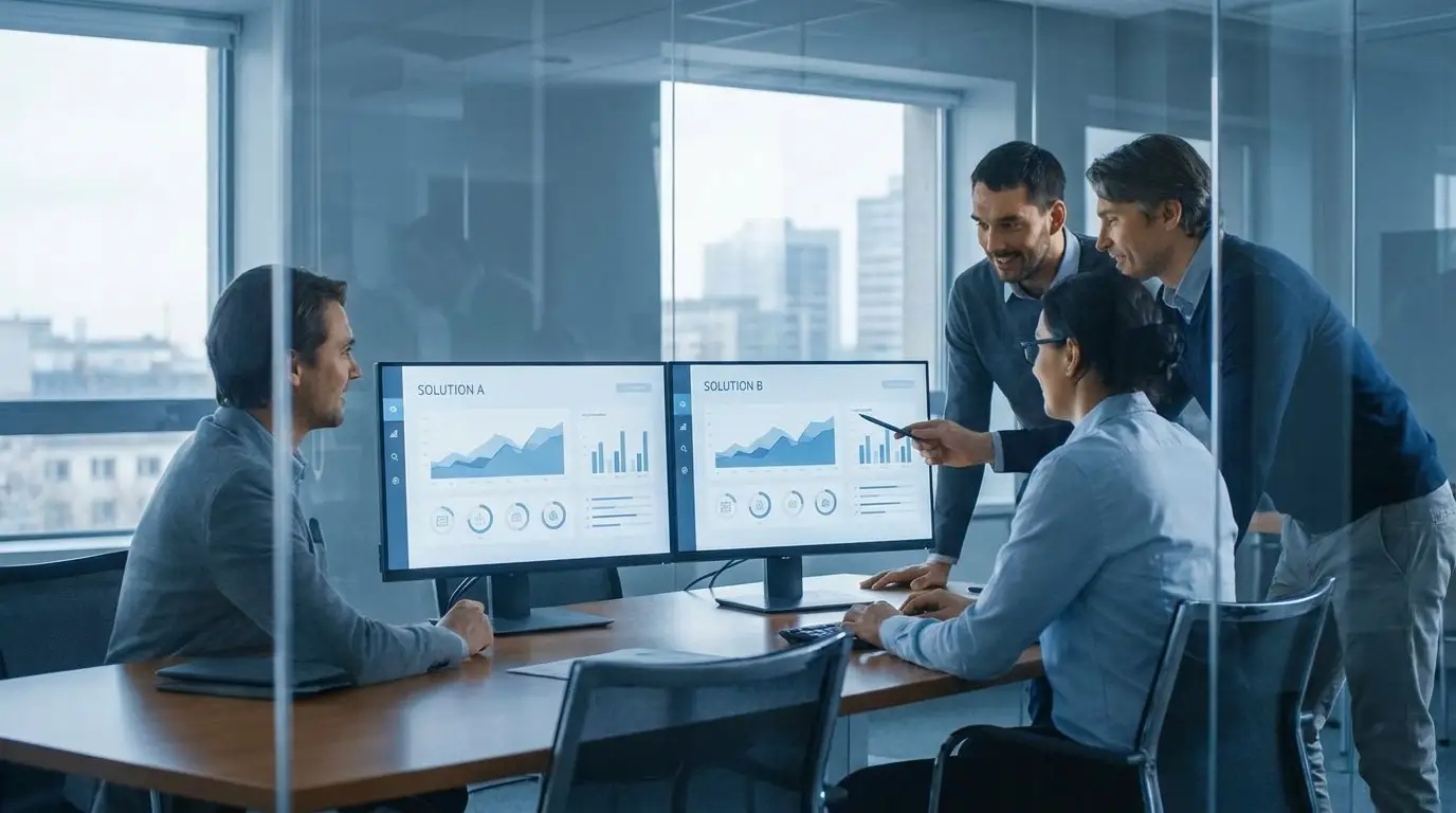 Deux écrans côte à côte dans un bureau moderne, symbolisant une comparaison de produits B2B en contexte professionnel