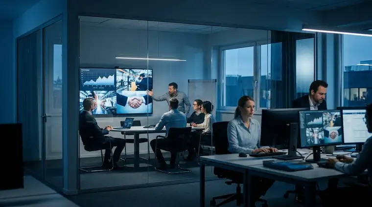 Salle de réunion moderne avec écran affichant une présentation vidéo, ambiance cinématique bleutée, deux cadres en discussion