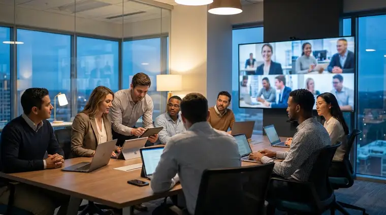 Équipe en réunion dans un bureau moderne, grand écran affichant une vidéo de marque employeur, ambiance professionnelle et chaleureuse