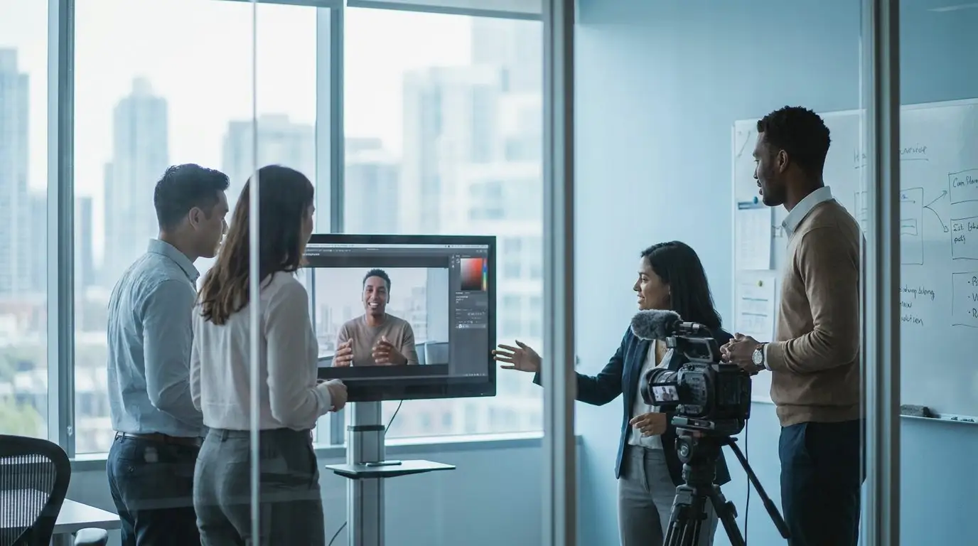 Professionnel filmé dans un bureau moderne, éclairage cinématique bleu, contexte marketing B2B