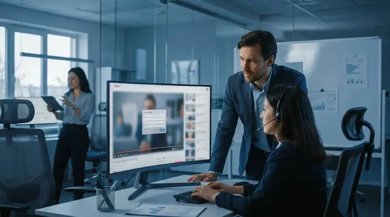 Équipe marketing B2B devant un écran montrant une vidéo avec un formulaire de capture intégré, lumière bleue cinématique