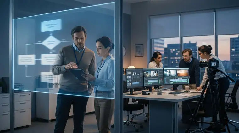 Équipe marketing B2B devant des écrans analysant une vidéo explicative en bureau moderne, ambiance cinématographique bleue