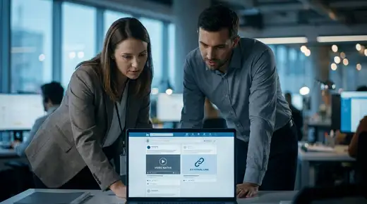 Deux professionnels consultent un fil LinkedIn sur un écran d'ordinateur dans un bureau moderne, ambiance cinématique bleutée