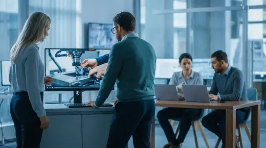 Professionnel en réunion devant un grand écran affichant une interface e-commerce, lumière bleue cinématique, bureau moderne