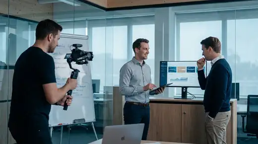 Salle de réunion moderne avec un écran affichant une interface SaaS, ambiance cinématographique bleutée